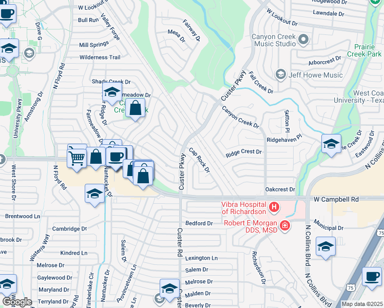map of restaurants, bars, coffee shops, grocery stores, and more near 2035 Cap Rock Drive in Richardson