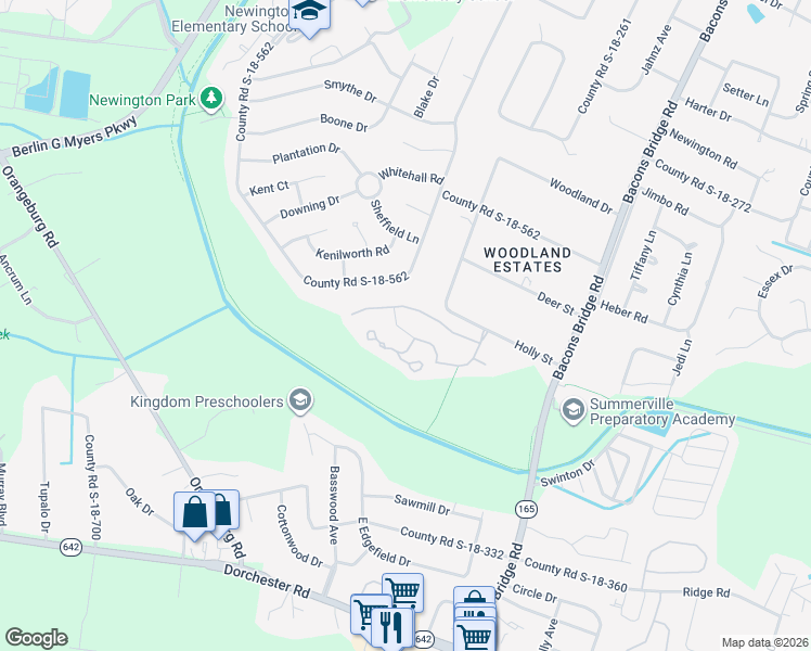 map of restaurants, bars, coffee shops, grocery stores, and more near 135 Moon Shadow Lane in Summerville
