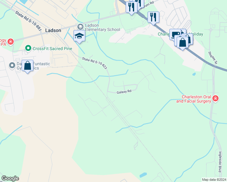 map of restaurants, bars, coffee shops, grocery stores, and more near 3550 Galaxy Road in Ladson