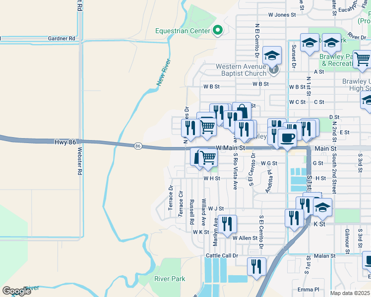 map of restaurants, bars, coffee shops, grocery stores, and more near 101 South Las Flores Drive in Brawley