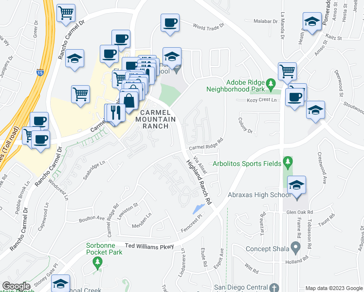 map of restaurants, bars, coffee shops, grocery stores, and more near Highland Ranch Road in San Diego