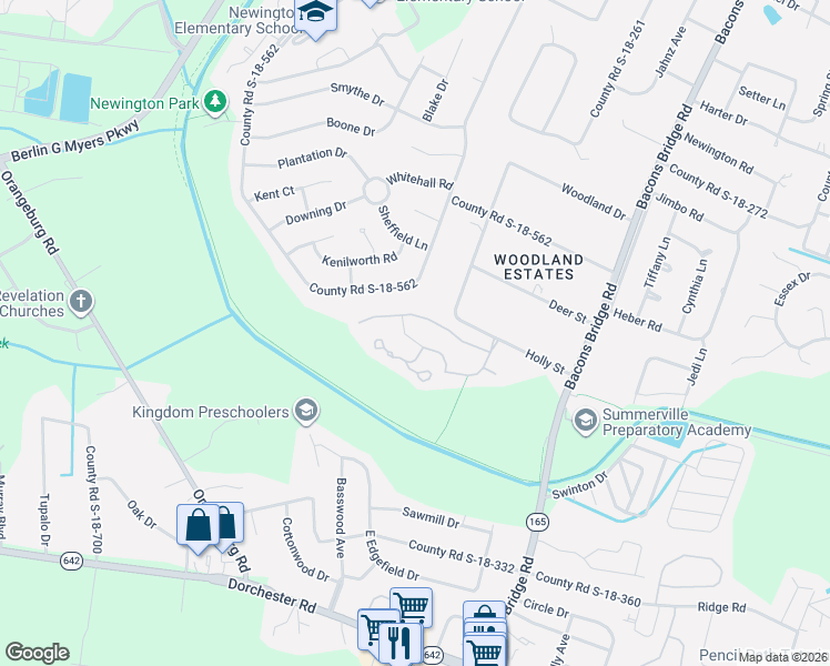 map of restaurants, bars, coffee shops, grocery stores, and more near 135 Moon Shadow Lane in Summerville