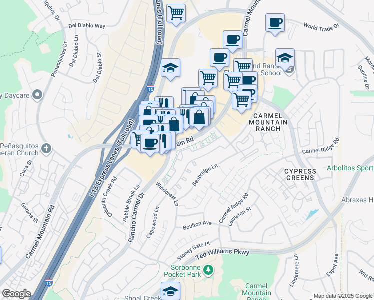 map of restaurants, bars, coffee shops, grocery stores, and more near 11745 Stoney Peak Drive in San Diego