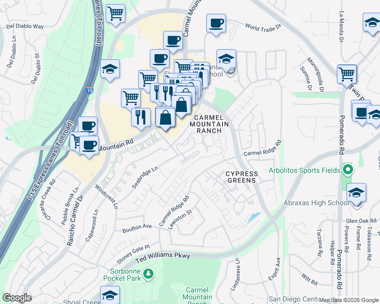 map of restaurants, bars, coffee shops, grocery stores, and more near 11904 Stoney Peak Drive in San Diego