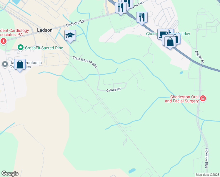 map of restaurants, bars, coffee shops, grocery stores, and more near 3540 Galaxy Road in Ladson