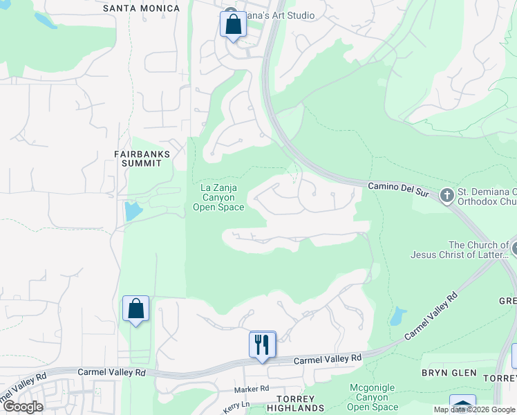 map of restaurants, bars, coffee shops, grocery stores, and more near 7706 Briza Placida in San Diego