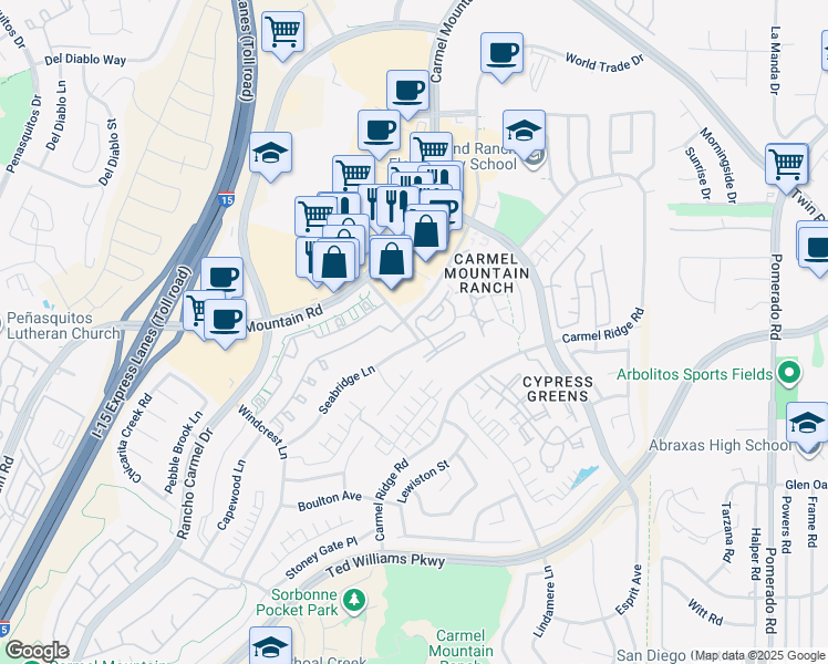map of restaurants, bars, coffee shops, grocery stores, and more near 11904 Stoney Peak Dr in San Diego