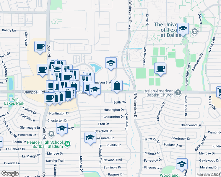 map of restaurants, bars, coffee shops, grocery stores, and more near 1100 W Campbell Rd in Richardson