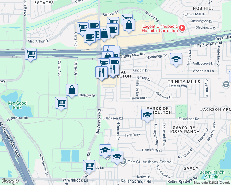 map of restaurants, bars, coffee shops, grocery stores, and more near 2352 Janna Way in Carrollton