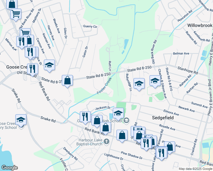 map of restaurants, bars, coffee shops, grocery stores, and more near 318 Hargrove Lane in Goose Creek