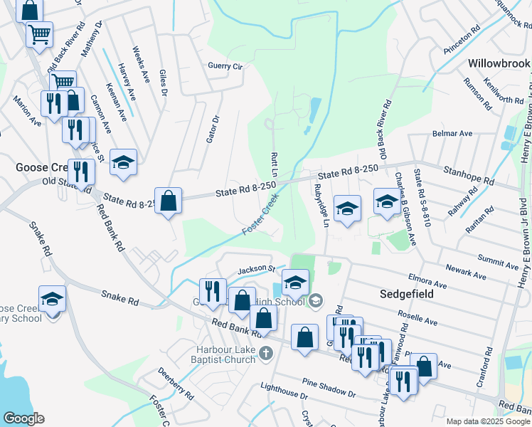 map of restaurants, bars, coffee shops, grocery stores, and more near 318 Hargrove Lane in Goose Creek