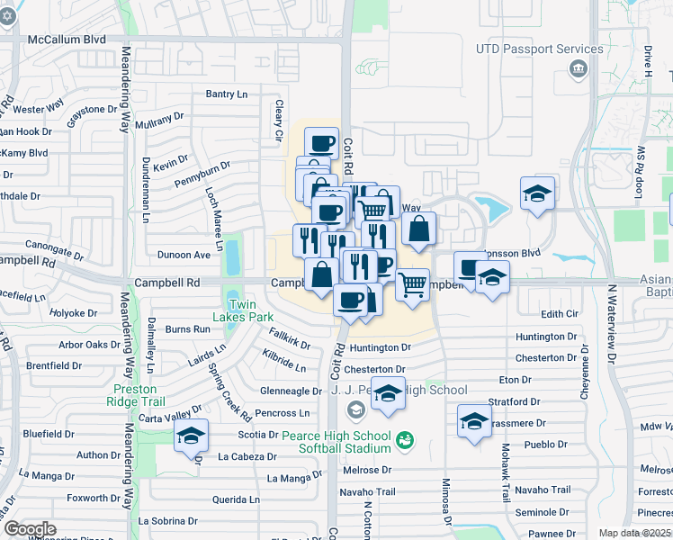 map of restaurants, bars, coffee shops, grocery stores, and more near 7651 Campbell Road in Dallas