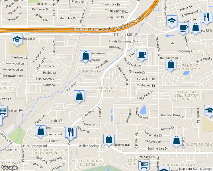 map of restaurants, bars, coffee shops, grocery stores, and more near 2416 Georgetown Drive in Carrollton