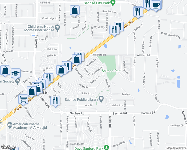 map of restaurants, bars, coffee shops, grocery stores, and more near 3912 Missouri Street in Sachse