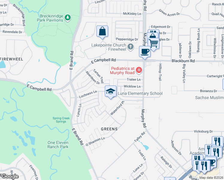 map of restaurants, bars, coffee shops, grocery stores, and more near 6806 Lochmoor Lane in Garland
