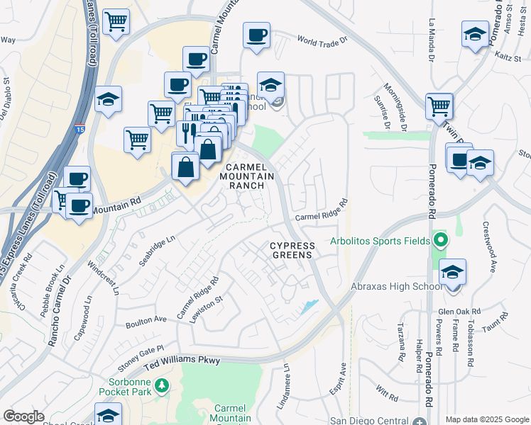 map of restaurants, bars, coffee shops, grocery stores, and more near 12121 Carter Lane in San Diego