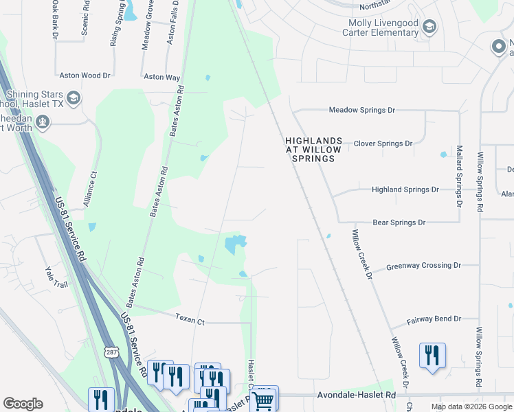 map of restaurants, bars, coffee shops, grocery stores, and more near 2308 Kella Court in Haslet