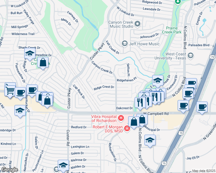 map of restaurants, bars, coffee shops, grocery stores, and more near 401 Ridge Crest Drive in Richardson