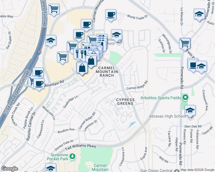 map of restaurants, bars, coffee shops, grocery stores, and more near 12047 World Trade Drive in San Diego