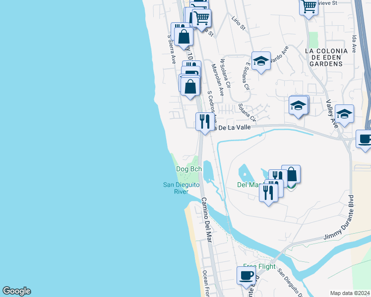 map of restaurants, bars, coffee shops, grocery stores, and more near 929 Border Avenue in Solana Beach