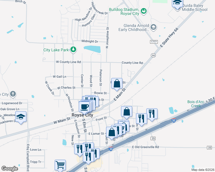 map of restaurants, bars, coffee shops, grocery stores, and more near 615 North Josephine Street in Royse City