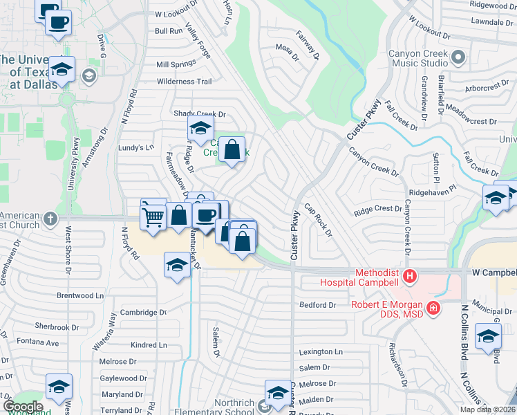 map of restaurants, bars, coffee shops, grocery stores, and more near 518 Copper Ridge Drive in Richardson