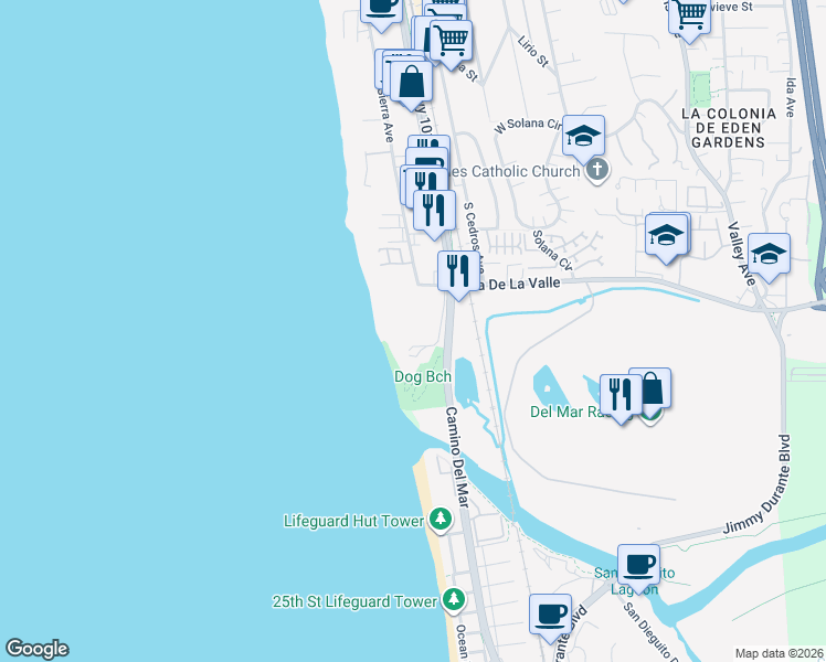map of restaurants, bars, coffee shops, grocery stores, and more near 929 Border Avenue in Solana Beach