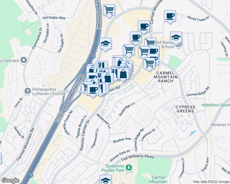 map of restaurants, bars, coffee shops, grocery stores, and more near 11739 Stoney Peak Drive in San Diego