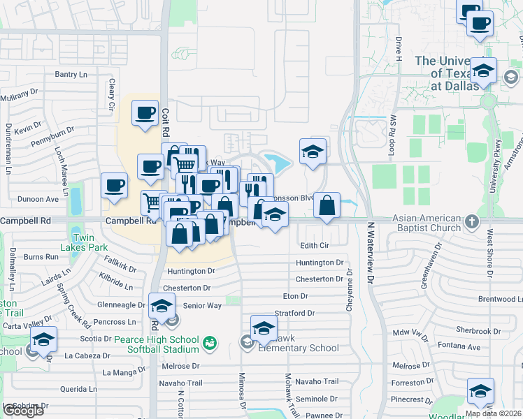 map of restaurants, bars, coffee shops, grocery stores, and more near 1240 West Campbell Road in Richardson