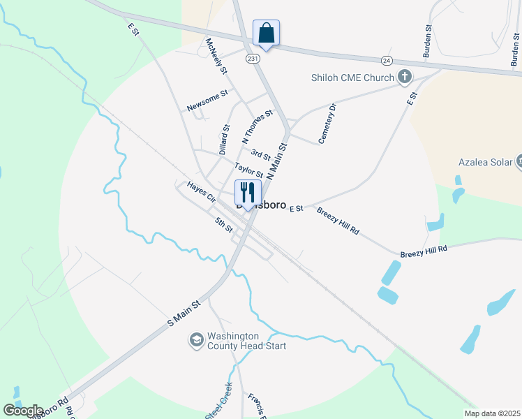 map of restaurants, bars, coffee shops, grocery stores, and more near 201 South Main Street in Davisboro