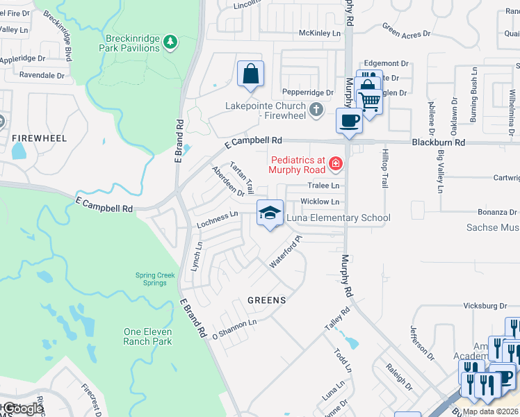 map of restaurants, bars, coffee shops, grocery stores, and more near 905 Lochness Lane in Garland