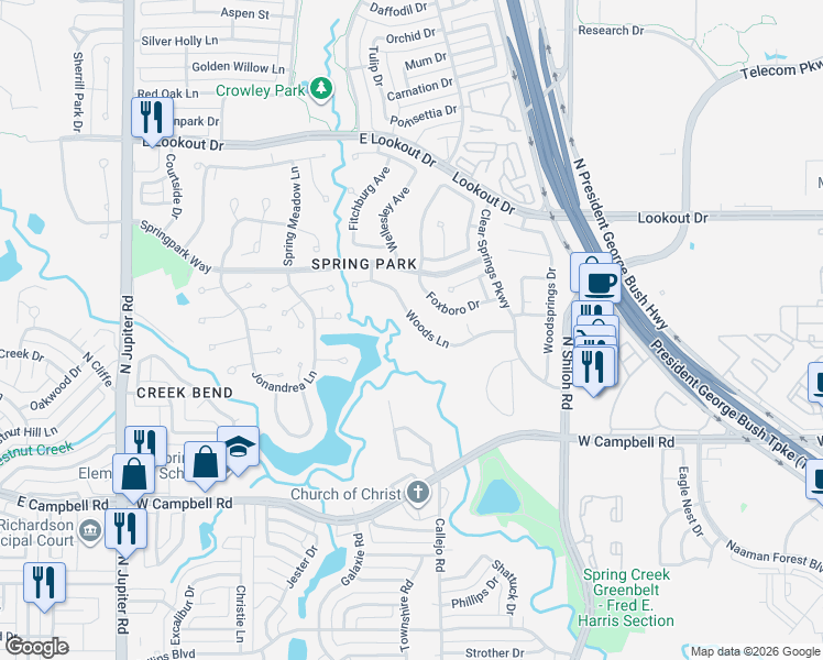 map of restaurants, bars, coffee shops, grocery stores, and more near 2730 Woods Lane in Garland