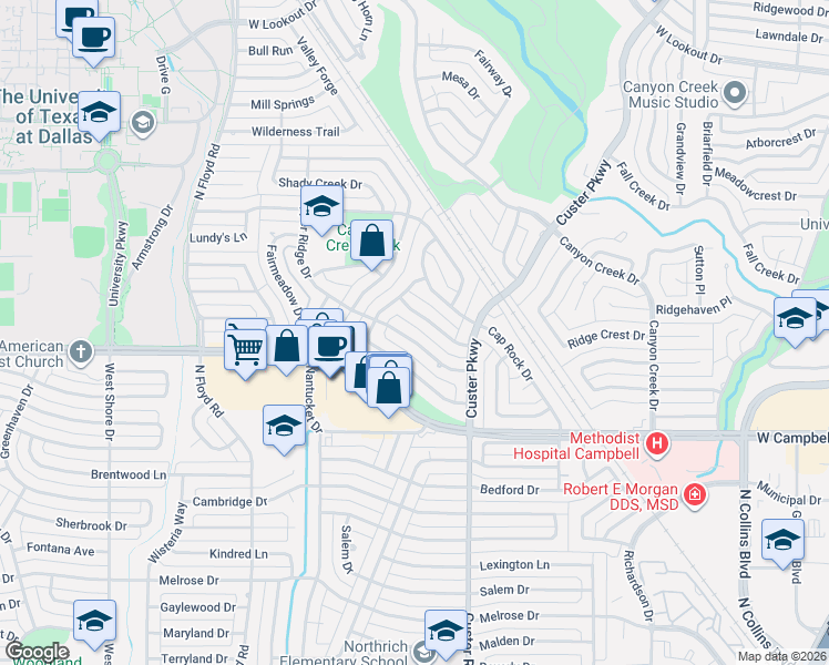map of restaurants, bars, coffee shops, grocery stores, and more near 518 Copper Ridge Drive in Richardson