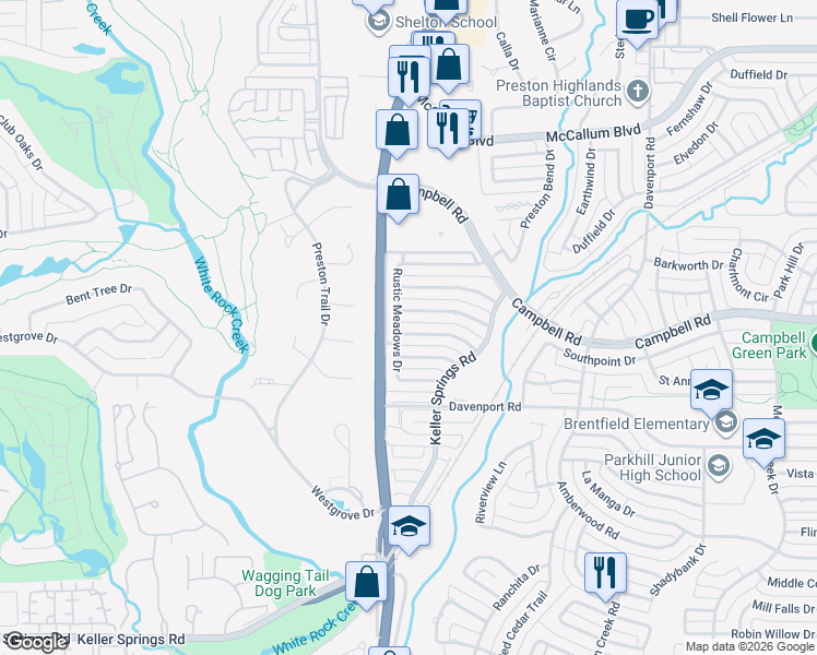map of restaurants, bars, coffee shops, grocery stores, and more near 16711 Rustic Meadows Drive in Dallas