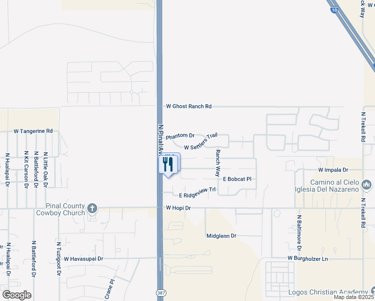 map of restaurants, bars, coffee shops, grocery stores, and more near 333 West Settlers Trail in Casa Grande