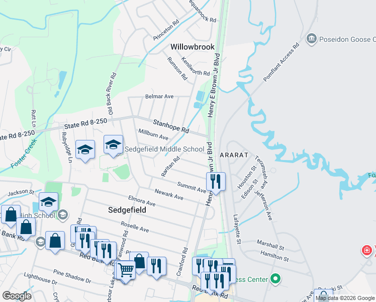 map of restaurants, bars, coffee shops, grocery stores, and more near 12 Raritan Road in Goose Creek