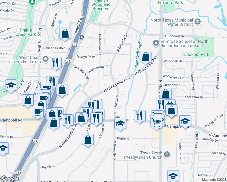 map of restaurants, bars, coffee shops, grocery stores, and more near 2200 North Greenville Avenue in Richardson