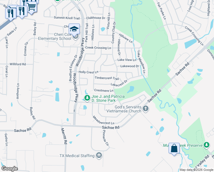 map of restaurants, bars, coffee shops, grocery stores, and more near 6204 Lakecrest Drive in Sachse