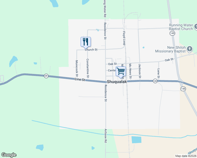 map of restaurants, bars, coffee shops, grocery stores, and more near 6735 Line Street in Shuqualak
