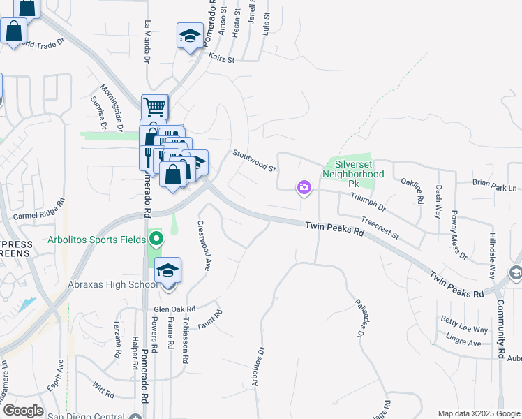 map of restaurants, bars, coffee shops, grocery stores, and more near 12709 Treeridge Terrace in Poway