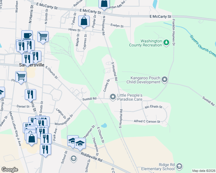 map of restaurants, bars, coffee shops, grocery stores, and more near 524 Cooley Drive in Sandersville