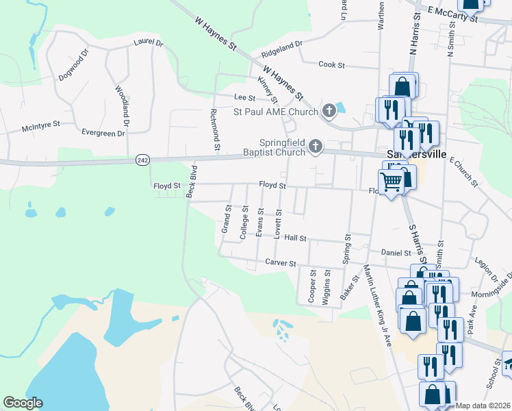 map of restaurants, bars, coffee shops, grocery stores, and more near 311 Evans Street in Sandersville