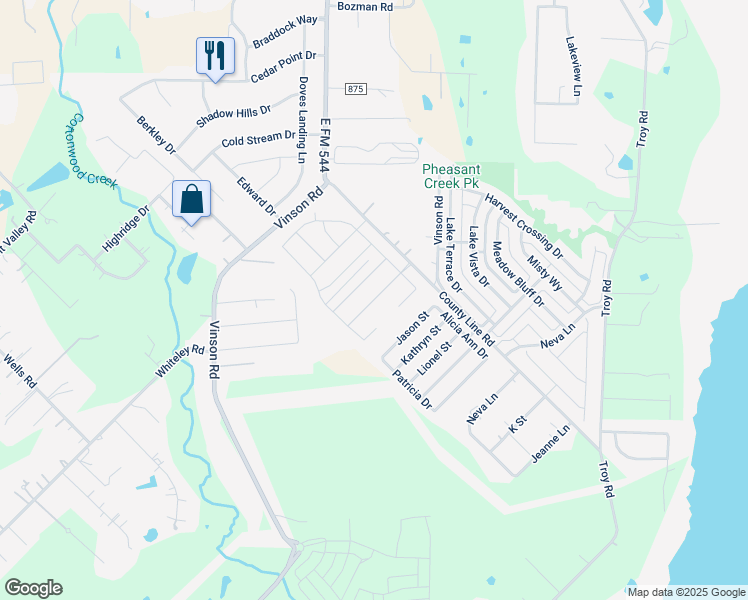 map of restaurants, bars, coffee shops, grocery stores, and more near 27 Pearl Drive in Wylie