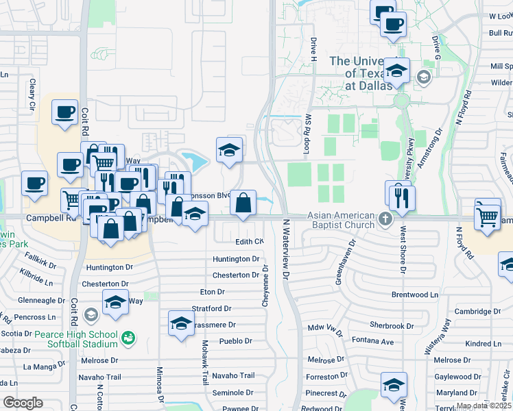 map of restaurants, bars, coffee shops, grocery stores, and more near 1060 West Campbell Road in Richardson