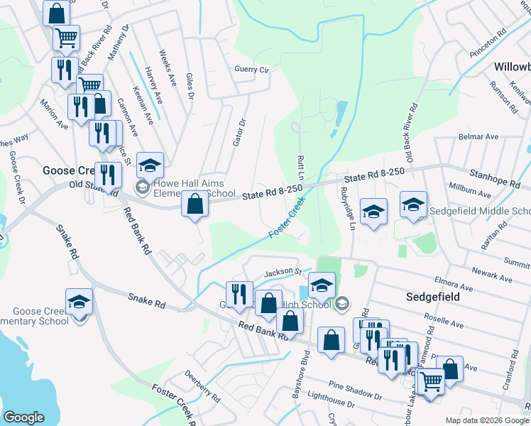map of restaurants, bars, coffee shops, grocery stores, and more near 310 Faith Lane in Goose Creek