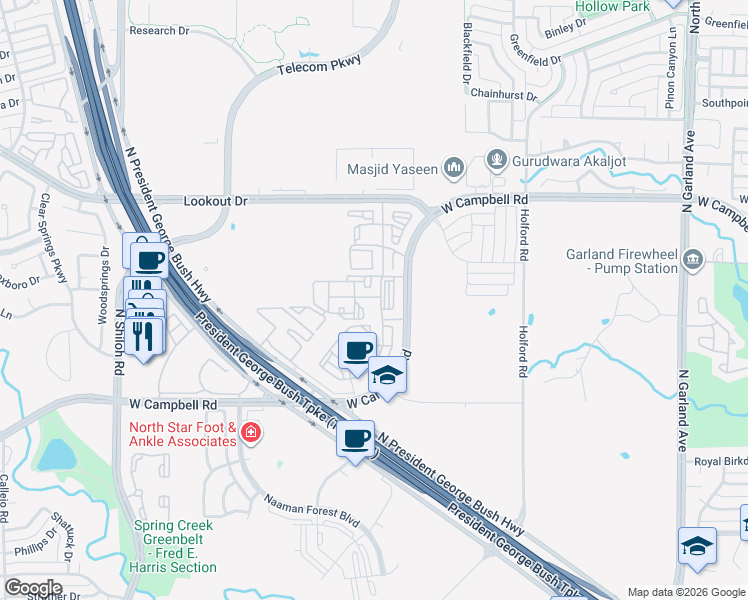 map of restaurants, bars, coffee shops, grocery stores, and more near 1675 West Campbell Road in Garland