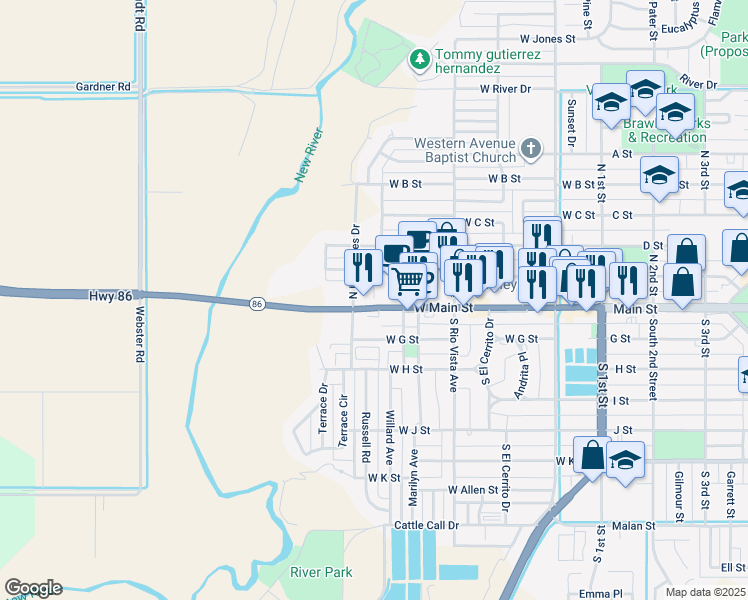 map of restaurants, bars, coffee shops, grocery stores, and more near 575 West Main Street in Brawley