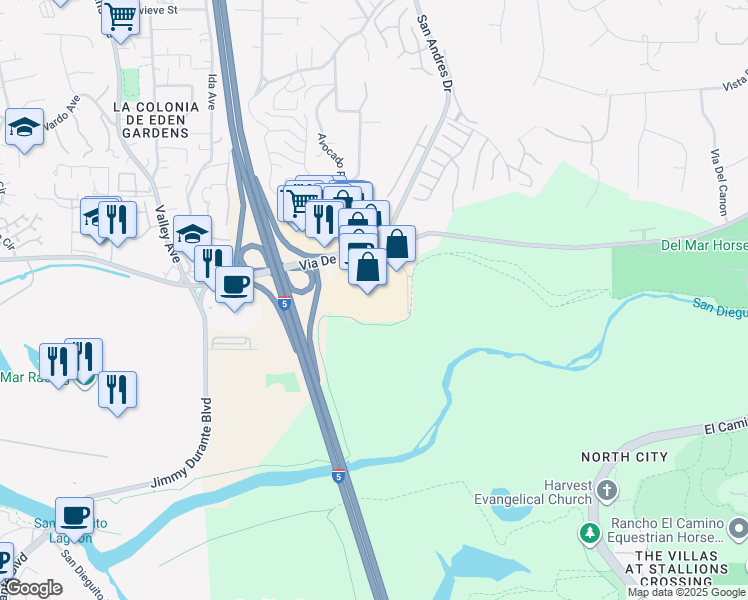 map of restaurants, bars, coffee shops, grocery stores, and more near 2707 Via De La Valle in Del Mar
