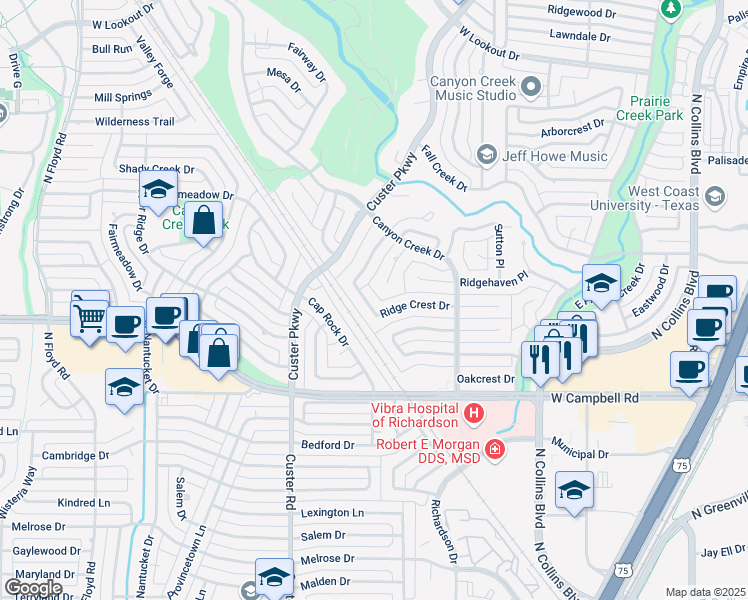 map of restaurants, bars, coffee shops, grocery stores, and more near 430 Ridge Crest Drive in Richardson