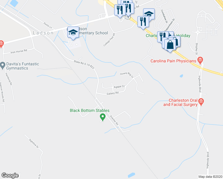 map of restaurants, bars, coffee shops, grocery stores, and more near 3537 Agape Court in Ladson